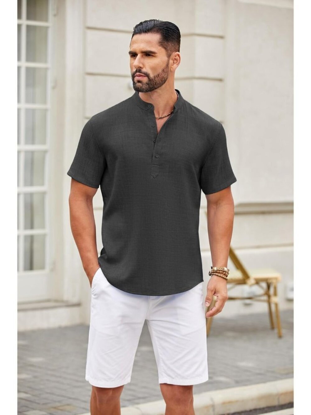 Men's Dark Grey Casual Henley Shirt Short Sleeve Linen Beach Summer Tops - Picture 6 of 6